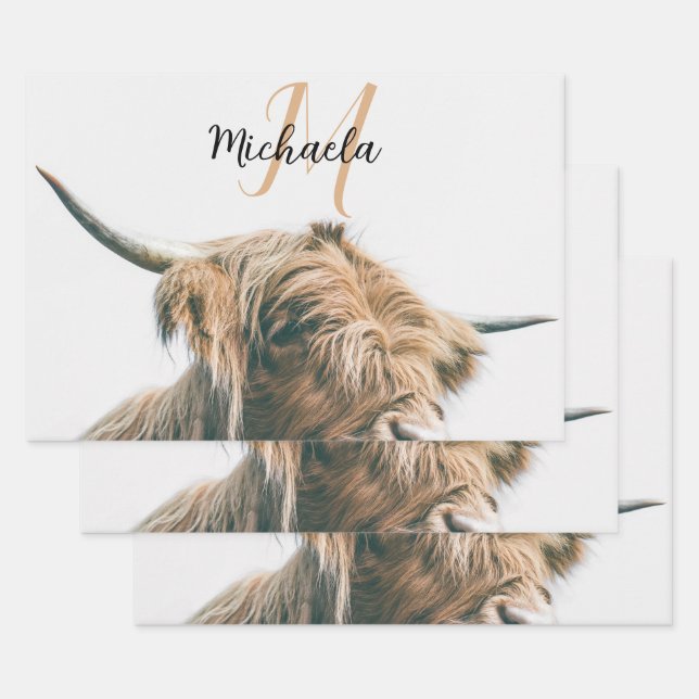 Highland cow portrait custom name initial monogram wrapping paper sheet (Set)