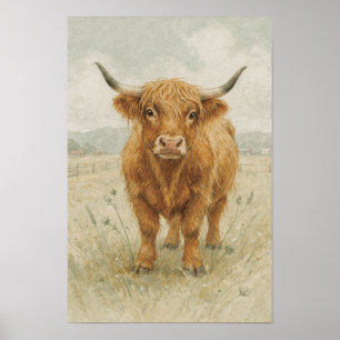 Highland Cow Portrait in Soft Sage and Cream Poster