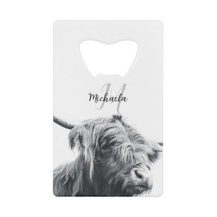 Highland cow portrait initial monogram black white
