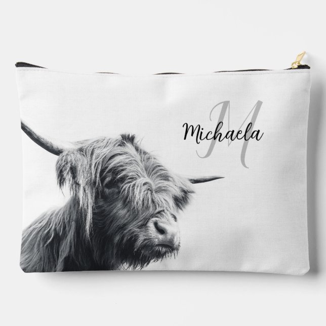 Highland cow portrait initial monogram black white accessory pouch (Back)
