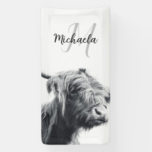 Highland cow portrait initial monogram black white banner