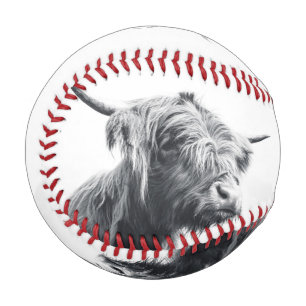 Highland cow portrait initial monogram black white baseball