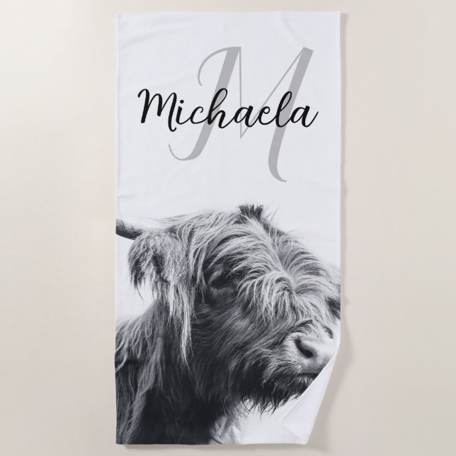 Highland cow portrait initial monogram black white beach towel (Front)