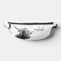 Highland cow portrait initial monogram black white
