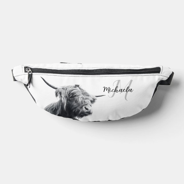 Highland cow portrait initial monogram black white bum bags (Lay Down)