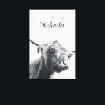 Highland cow portrait initial monogram black white canvas print<br><div class="desc">Highland cow portrait custom name initial monogram in black and white. Portrait photograph of a majestic highland cattle on a foggy day with white background in black and white.</div>
