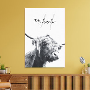 Highland cow portrait initial monogram black white canvas print