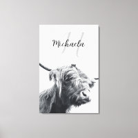 Highland cow portrait initial monogram black white