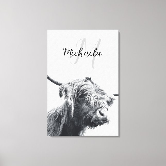 Highland cow portrait initial monogram black white canvas print (Front)