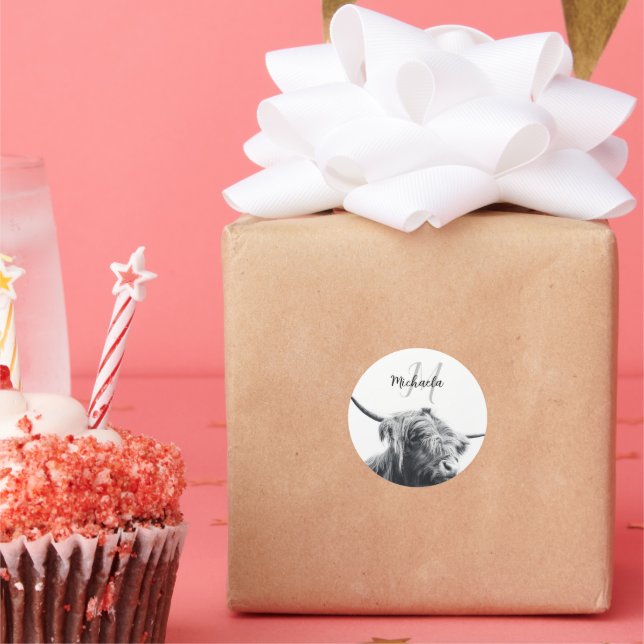 Highland cow portrait initial monogram black white classic round sticker (Party)