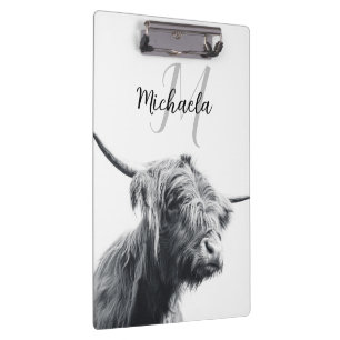 Highland cow portrait initial monogram black white clipboard