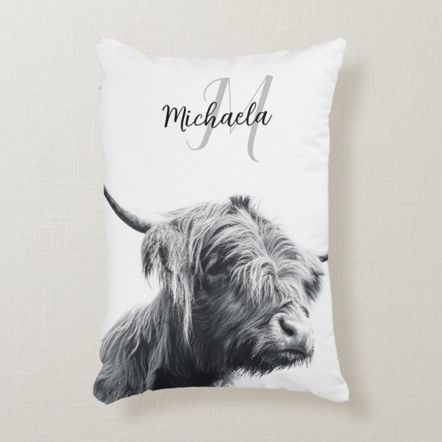 Highland cow portrait initial monogram black white decorative cushion (Front(Vertical))
