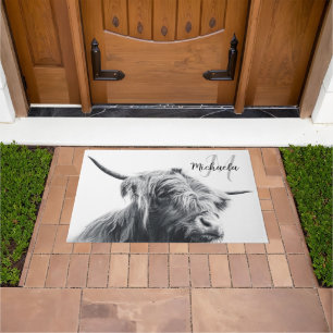 Highland cow portrait initial monogram black white doormat