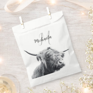 Highland cow portrait initial monogram black white favour bags