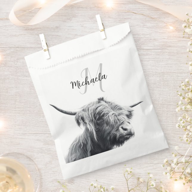 Highland cow portrait initial monogram black white favour bags (Clipped)