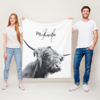 Highland cow portrait initial monogram black white