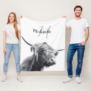 Highland cow portrait initial monogram black white fleece blanket