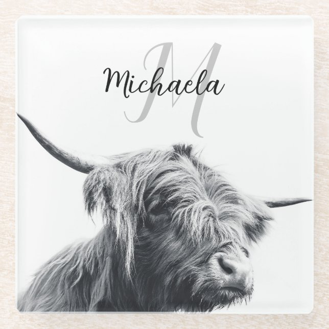 Highland cow portrait initial monogram black white glass coaster (Front)