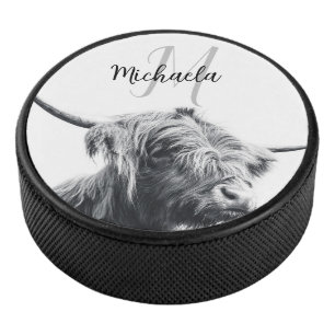 Highland cow portrait initial monogram black white hockey puck
