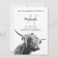 Highland cow portrait initial monogram black white