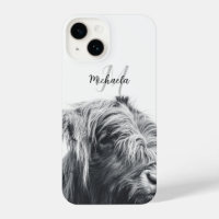 Highland cow portrait initial monogram black white