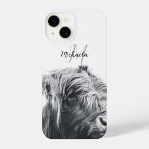 Highland cow portrait initial monogram black white iPhone 14 case