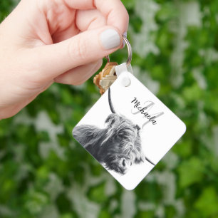 Highland cow portrait initial monogram black white key ring