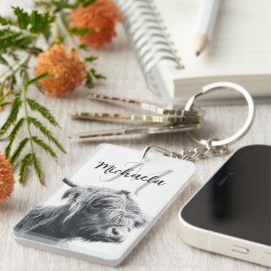 Highland cow portrait initial monogram black white key ring