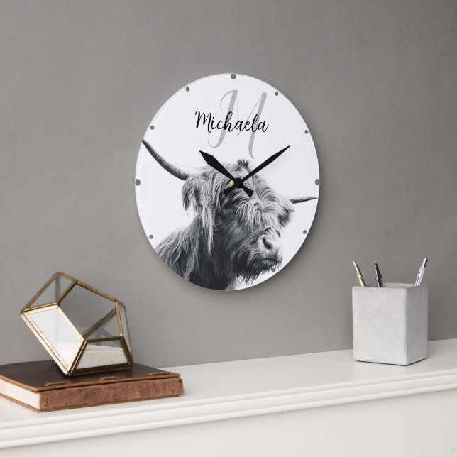 Highland cow portrait initial monogram black white large clock (Office)