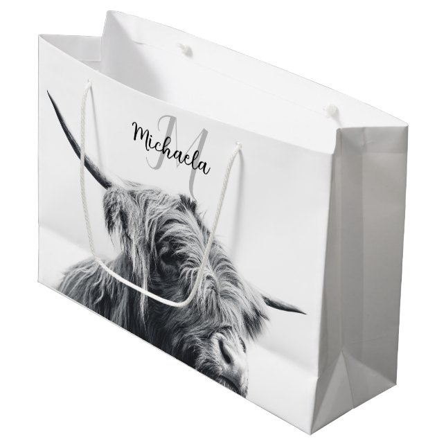 Highland cow portrait initial monogram black white large gift bag (Front Angled)