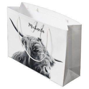 Highland cow portrait initial monogram black white large gift bag