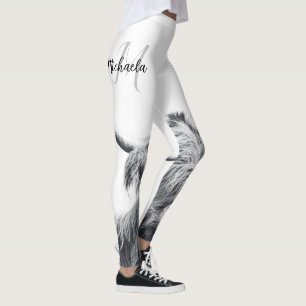 Highland cow portrait initial monogram black white leggings