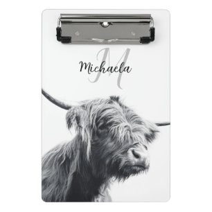Highland cow portrait initial monogram black white mini clipboard