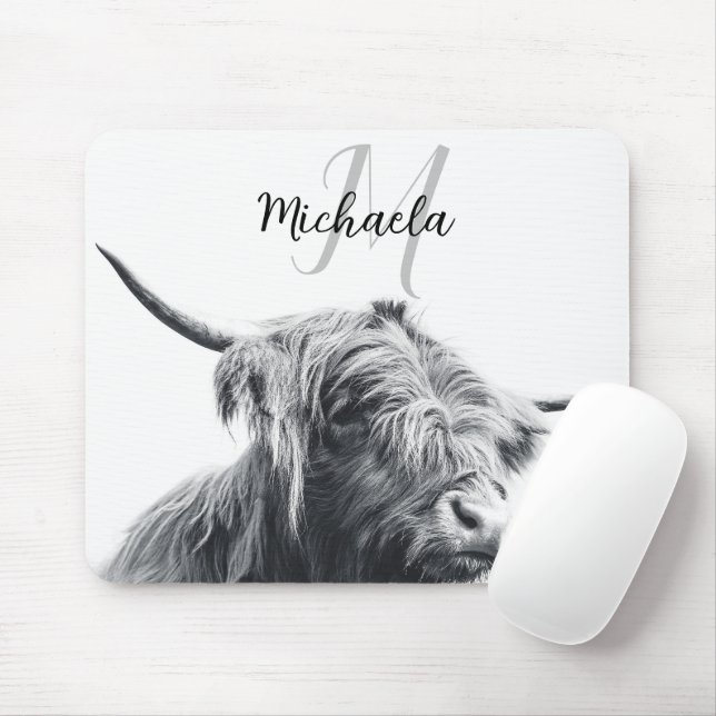 Highland cow portrait initial monogram black white mouse mat (With Mouse)