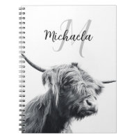 Highland cow portrait initial monogram black white