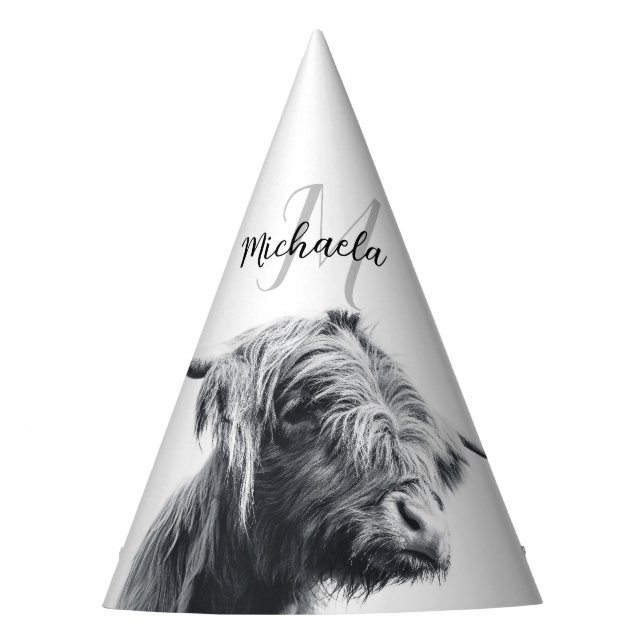 Highland cow portrait initial monogram black white party hat (Front)