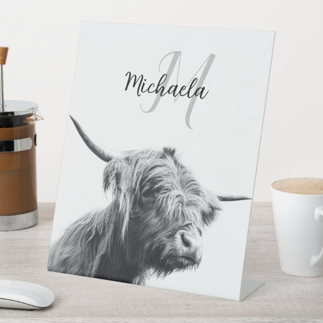 Highland cow portrait initial monogram black white pedestal sign (In SItu)