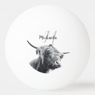 Highland cow portrait initial monogram black white ping pong ball