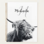 Highland cow portrait initial monogram black white planner<br><div class="desc">Highland cow portrait custom name initial monogram in black and white. Portrait photograph of a majestic highland cattle on a foggy day with white background in black and white.</div>