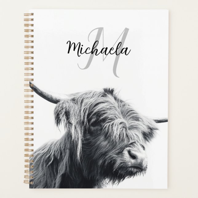 Highland cow portrait initial monogram black white planner (Front)