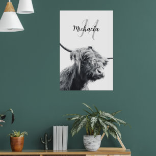 Highland cow portrait initial monogram black white poster