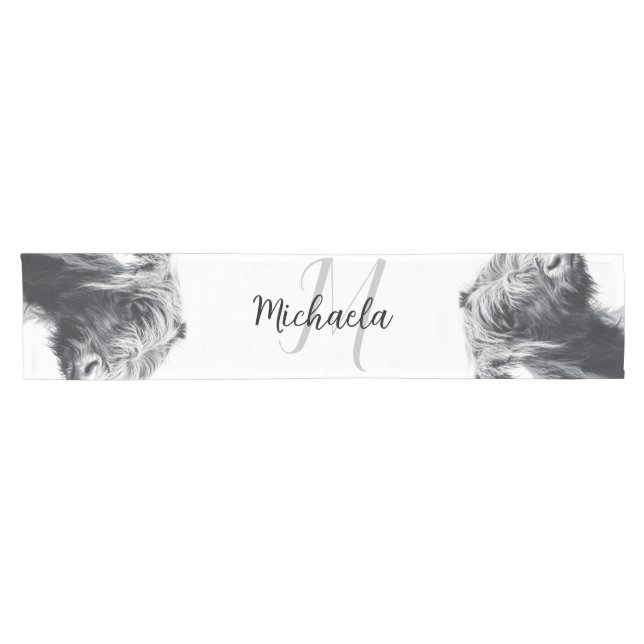Highland cow portrait initial monogram black white short table runner (Horizontal)