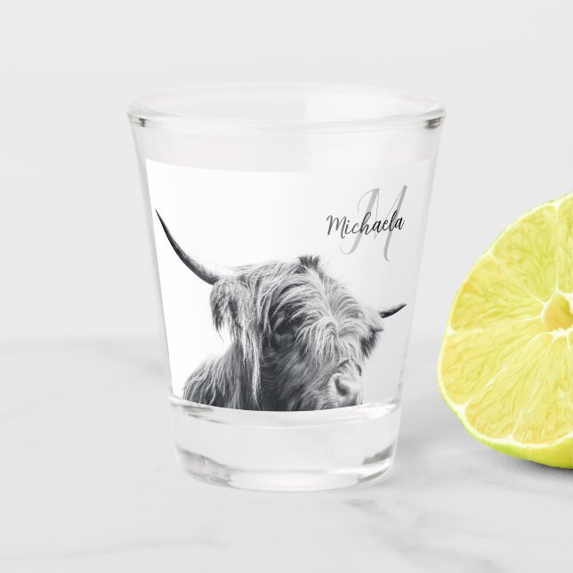 Highland cow portrait initial monogram black white shot glass (Front)