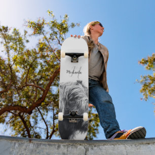 Highland cow portrait initial monogram black white skateboard