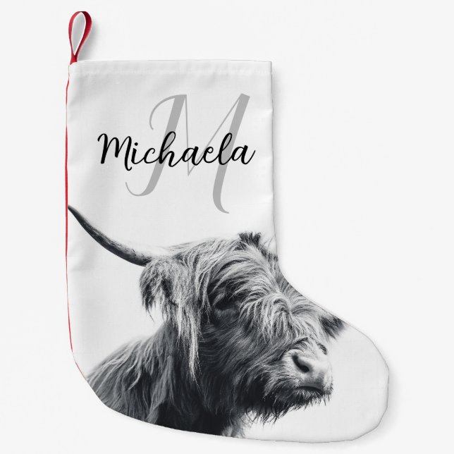 Highland cow portrait initial monogram black white small christmas stocking (Front)