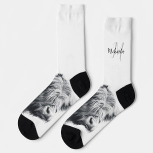 Highland cow portrait initial monogram black white socks