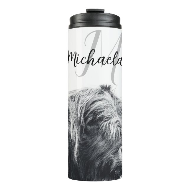 Highland cow portrait initial monogram black white thermal tumbler (Front)