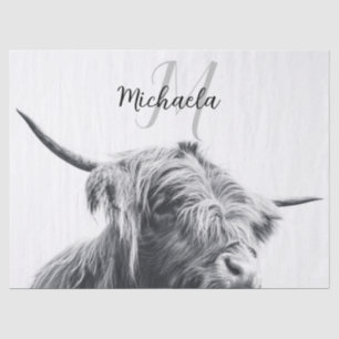 Highland cow portrait initial monogram black white tissue paper