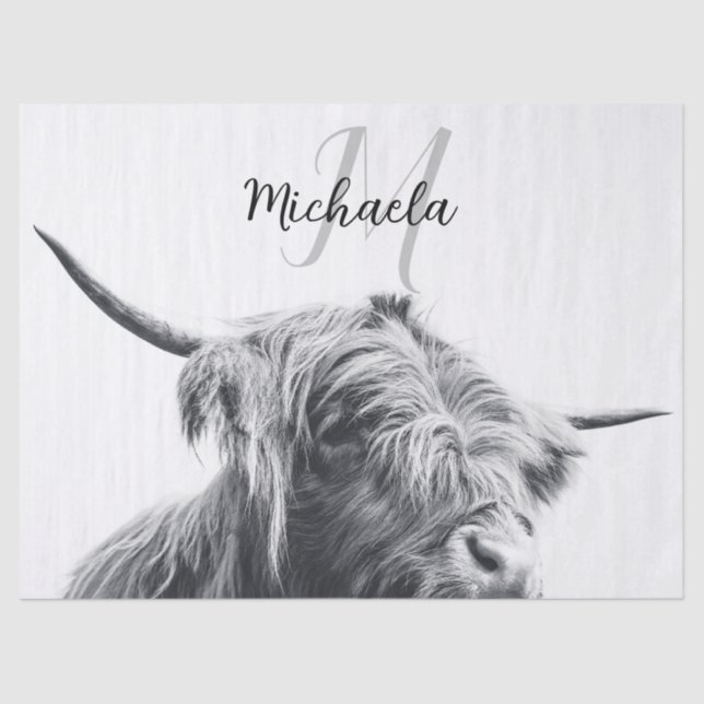 Highland cow portrait initial monogram black white tissue paper (Front)