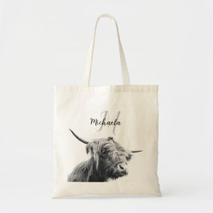 Highland cow portrait initial monogram black white tote bag